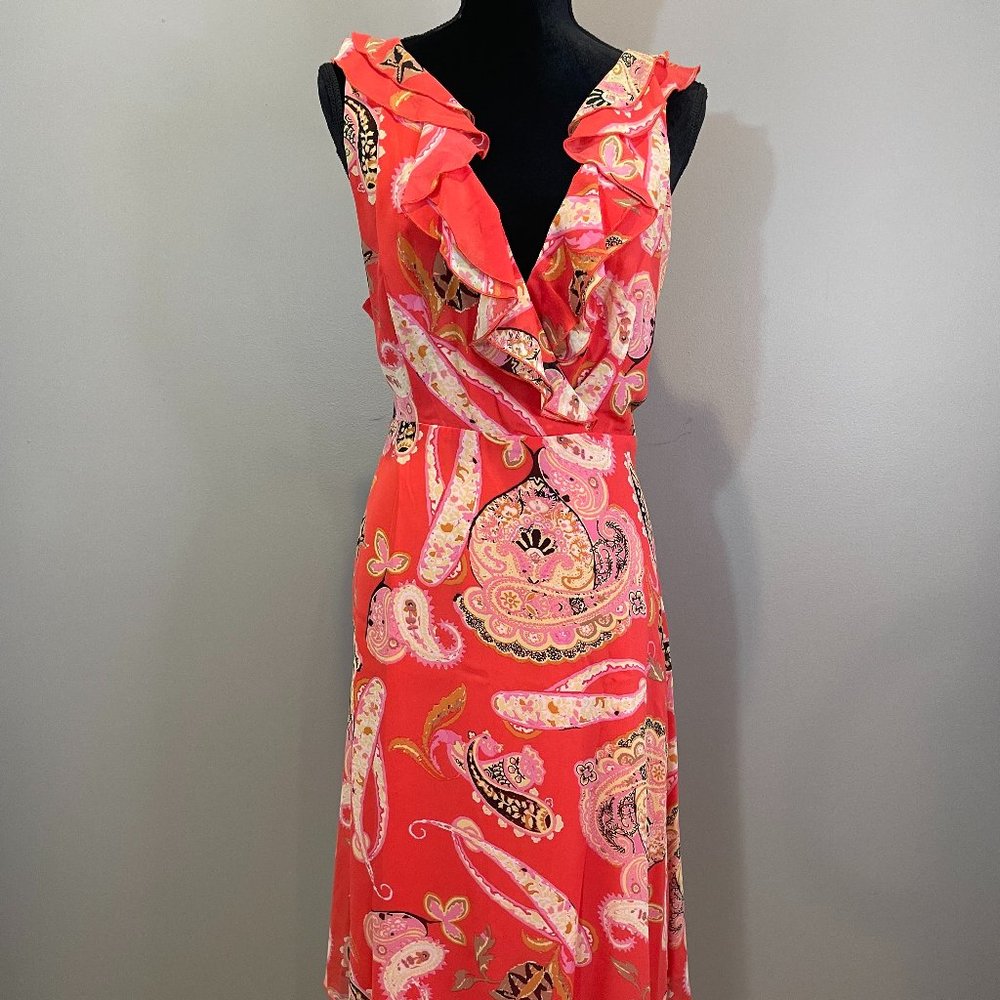 Jonathan Martin Womens Paisley Print Ruffled V Neck Midi Dress (no size Label) M
